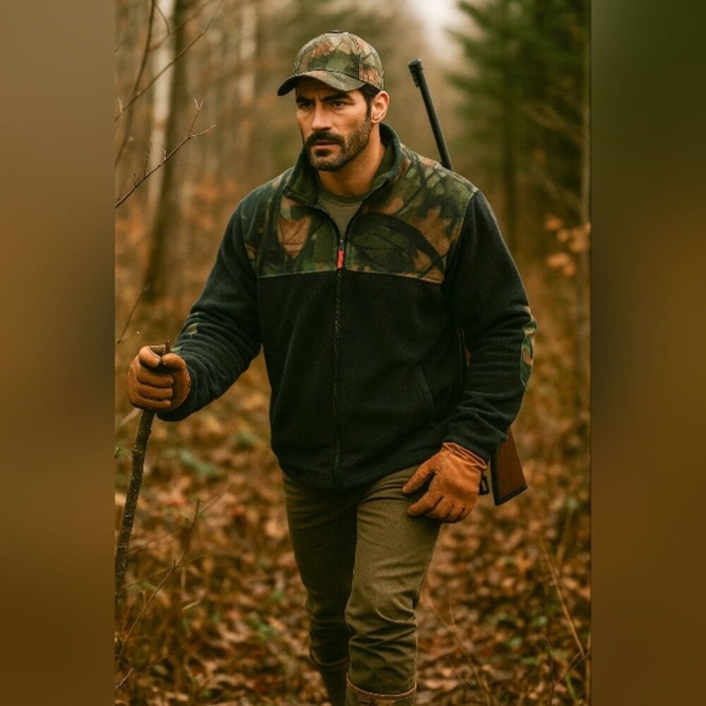 Trail Crest Men’s L Full Zip Fleece Jacket Black Camo Leaf Elbow Patches Outdoor